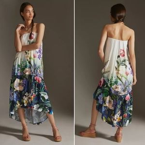 Anthropologie Strapless Floral High-Low Midi Dress